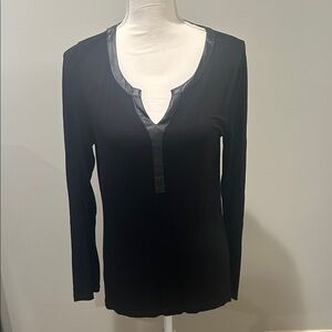 Design History Black Long Sleeve Top with Leather Trim